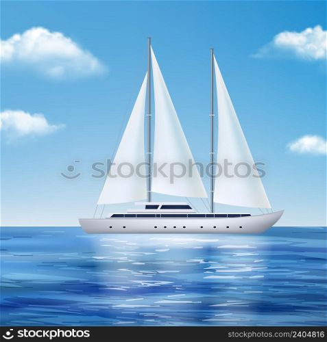 Yacht in sea. Travel water transport in ocean cruising boat expedition concept seascape ship decent vector realistic background. Illustration of sea yacht in ocean, travel cruise summer. Yacht in sea. Travel water transport in ocean cruising boat expedition concept seascape ship decent vector realistic background