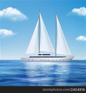 Yacht in sea. Travel water transport in ocean cruising boat expedition concept seascape ship decent vector realistic background. Illustration of sea yacht in ocean, travel cruise summer. Yacht in sea. Travel water transport in ocean cruising boat expedition concept seascape ship decent vector realistic background
