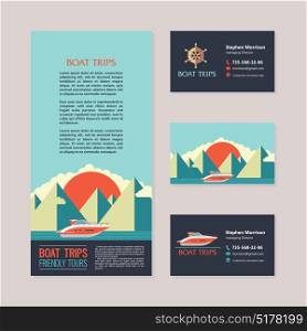 Yacht on the background of a mountainous landscape. Yacht trips. Sunrise. Vector template business cards and flyers.