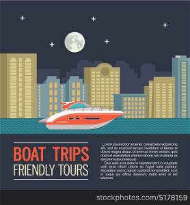 Yacht on the background of night city landscape. Vector illustration in flat style.