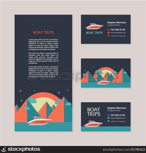 Yacht on the background of night mountain landscape. Yacht trips. Sunset. Vector template business cards and flyers.
