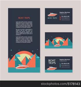 Yacht on the background of night mountain landscape. Yacht trips. Sunset. Vector template business cards and flyers.
