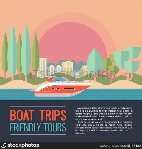 Yacht on the background of the urban landscape and trees. Vector illustration in flat style.