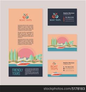 Yacht on the background of the urban landscape and trees. Vector illustration in flat style. Template business cards and flyers.