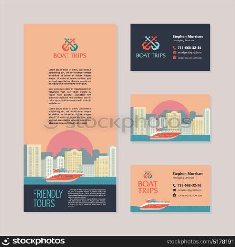 Yacht on the background of the urban landscape. Vector illustration in flat style. Template business cards and flyers.