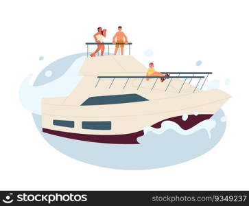 Yacht party flat vector spot illustration. Friends in swimwear luxury yachting 2D cartoon characters on white for web UI design. Summertime. Sailboat in ocean isolated editable creative hero image. Yacht party flat vector spot illustration