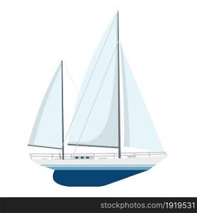 Yacht sailboat or sailing ship, sail boat marine cruise travel icon. scuba mask and snorkel, diving flippers isolated on white background, Vector illustration in flat style. Yacht sailboat or sailing ship,