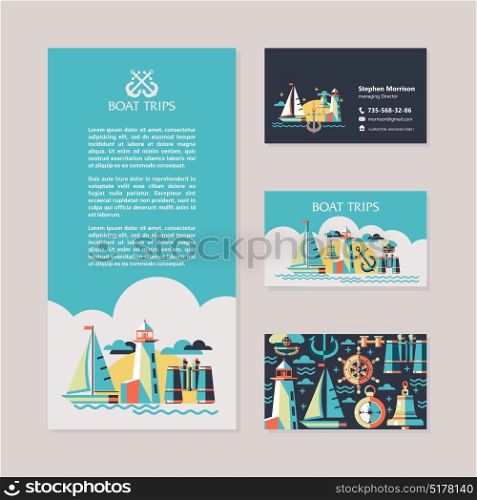 Yacht, sailing, lighthouse, binoculars, compass. Vector illustration. Design flyers and business cards.
