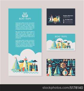 Yacht, sailing, lighthouse, binoculars, compass. Vector illustration. Design flyers and business cards.