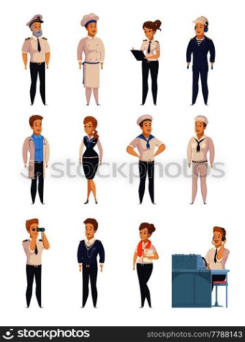 Yacht ship cruise liner crew characters cartoon icons set with captain cook stewardess sailor isolated vector illustration . Yacht Ship Cartoon Characters Set