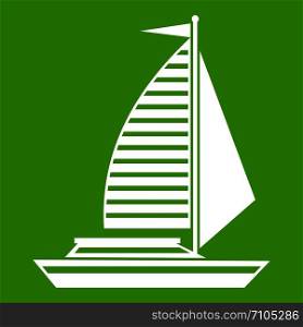 Yacht with sails icon white isolated on green background. Vector illustration. Yacht with sails icon green