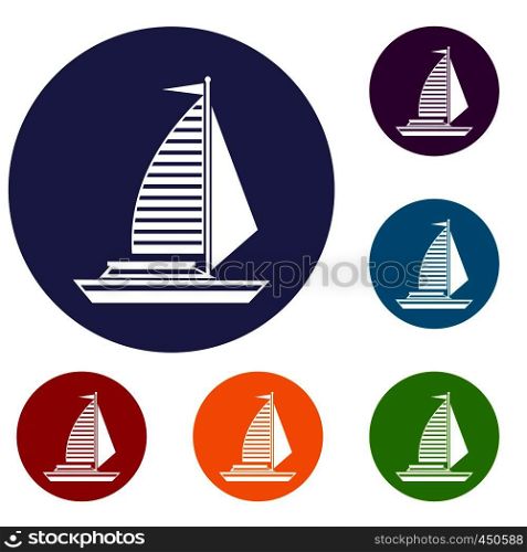 Yacht with sails icons set in flat circle reb, blue and green color for web. Yacht with sails icons set