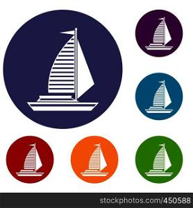 Yacht with sails icons set in flat circle reb, blue and green color for web. Yacht with sails icons set