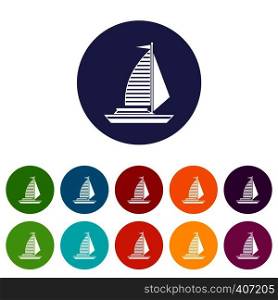 Yacht with sails set icons in different colors isolated on white background. Yacht with sails set icons