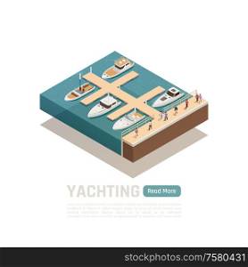 Yachting isometric colored composition with five different boats and green read more button vector illustration