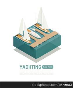 Yachting isometric composition with green read more button and square piece of land and boat vector illustration