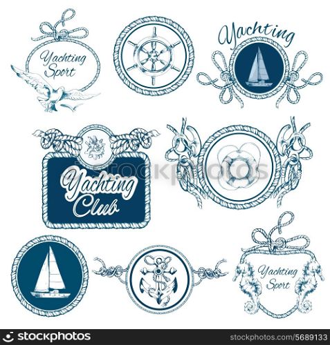 Yachting sea travel and sport sketch emblems set with rope frames isolated vector illustration