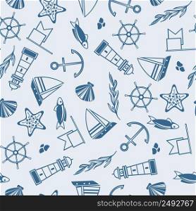 Yachting seamless pattern with many maritime elements such as coquille, seaweed, stones on the blue background vector illustration. Yachting Seamless Pattern