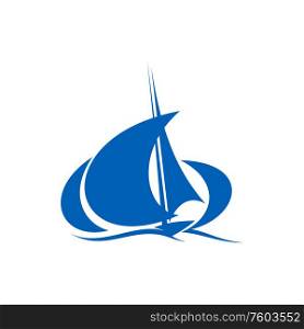 Yachting sport club icon isolated yacht on waves. Vector blue sails or sailboat on sea waves, marine traveling. Marine yacht on waves, yachting sport