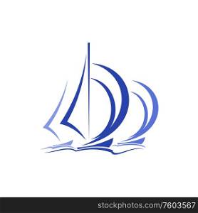 Yachting sport club icon isolated yacht on waves. Vector blue sails or sailboat on sea waves, marine traveling. Marine yacht on waves, yachting sport
