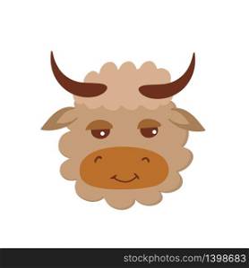 Yak baby face. Vector illustration of cute baby animal face icon isolated on white background. Child and baby print design. Vector illustration Yak