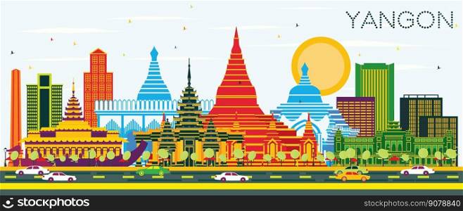 Yangon Myanmar City Skyline with Color Buildings and Blue Sky. Vector Illustration. Business Travel and Tourism Concept with Historic Architecture. Yangon Cityscape with Landmarks.