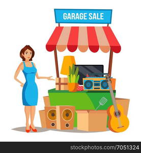 Yard Sale Vector. Household Items Sale. Woman Manning a Garage Sale. Cartoon Character Illustration. Garage Sale Vector. Assorted Household Items. Flat Cartoon Illustration