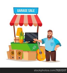 Yard Sale Vector. Man Having A Garage Sale. Isolated On White Cartoon Character Illustration. Garage Sale Vector. Assorted Household Items. Flat Cartoon Illustration