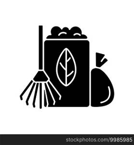 Yard waste collection black glyph icon. Organic waste from residential lawns and gardens. Grass clippings, leaves, branches. Silhouette symbol on white space. Vector isolated illustration. Yard waste collection black glyph icon