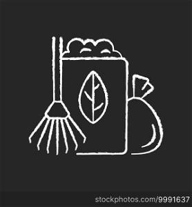 Yard waste collection chalk white icon on black background. Organic waste from residential lawns and gardens. Grass clippings, leaves, branches. Isolated vector chalkboard illustration. Yard waste collection chalk white icon on black background