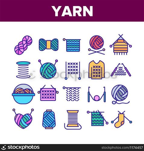 Yarn Ball For Knitting Collection Icons Set Vector Thin Line. Yarn In Bucket And Needles, Threads And Hooks, Sweater And Sock, Concept Linear Pictograms. Color Contour Illustrations. Yarn Ball For Knitting Collection Icons Set Vector