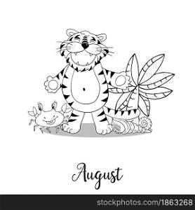 Year 2022 symbol for calendar decoration. August 2022. New Year of the Tiger according to the Chinese or Eastern calendar. Coloring illustration in hand draw style. Year 2022 symbol for calendar decoration. Coloring illustration in hand draw style