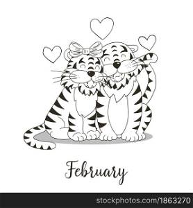 Year 2022 symbol for calendar decoration. February 2022. New Year of the Tiger according to the Chinese calendar. Coloring illustration in hand draw style. Year 2022 symbol for calendar decoration. Coloring illustration in hand draw style