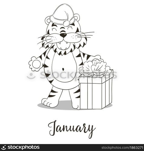Year 2022 symbol for calendar decoration. January 2022. New Year of the Tiger according to Eastern calendar. Coloring illustration in hand draw style. Year 2022 symbol for calendar decoration. Coloring illustration in hand draw style