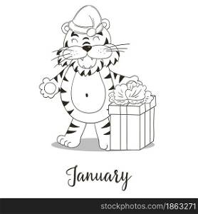 Year 2022 symbol for calendar decoration. January 2022. New Year of the Tiger according to Eastern calendar. Coloring illustration in hand draw style. Year 2022 symbol for calendar decoration. Coloring illustration in hand draw style