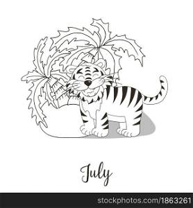 Year 2022 symbol for calendar decoration. July 2022. New Year of the Tiger according to the Chinese or Eastern calendar. Coloring illustration in hand draw style. Year 2022 symbol for calendar decoration. Coloring illustration in hand draw style