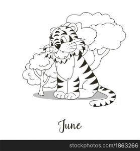 Year 2022 symbol for calendar decoration. June 2022. New Year of the Tiger according to the Chinese or Eastern calendar. Coloring illustration in hand draw style. Year 2022 symbol for calendar decoration. Coloring illustration in hand draw style