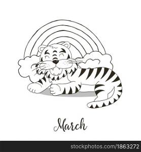 Year 2022 symbol for calendar decoration. March 2022. New Year of the Tiger according to the Chinese or Eastern calendar. Coloring illustration in hand draw style. Year 2022 symbol for calendar decoration. Coloring illustration in hand draw style