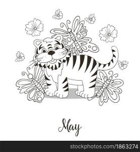 Year 2022 symbol for calendar decoration. May 2022. New Year of the Tiger according to the Chinese or Eastern calendar. Coloring illustration in hand draw style. Year 2022 symbol for calendar decoration. Coloring illustration in hand draw style