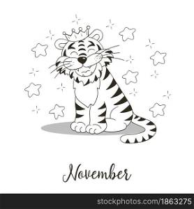 Year 2022 symbol for calendar decoration. November 2022. New Year of the Tiger according to the Chinese calendar. Coloring illustration in hand draw style. Year 2022 symbol for calendar decoration. Coloring illustration in hand draw style