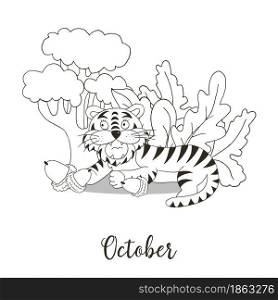 Year 2022 symbol for calendar decoration. October 2022. New Year of the Tiger according to the Chinese calendar. Coloring illustration in hand draw style. Year 2022 symbol for calendar decoration. Coloring illustration in hand draw style
