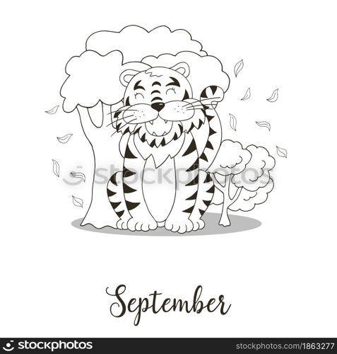 Year 2022 symbol for calendar decoration. September 2022. New Year of the Tiger according to the Chinese calendar. Coloring illustration in hand draw style. Year 2022 symbol for calendar decoration. Coloring illustration in hand draw style