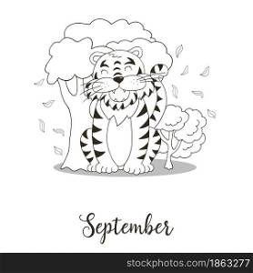 Year 2022 symbol for calendar decoration. September 2022. New Year of the Tiger according to the Chinese calendar. Coloring illustration in hand draw style. Year 2022 symbol for calendar decoration. Coloring illustration in hand draw style