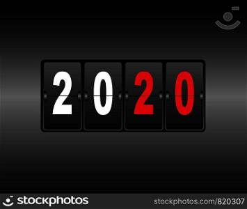 Year change on the calendar counter. The new year 2020 is coming. White and red numbers, black gradient background.