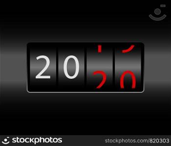 Year change on the odometer. The new year 2020 is coming. White and red numbers, black gradient background.