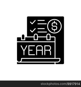 Year end closing procedure black glyph icon. Reviewing all accounts to ensure they accurately reflect the activities for the fiscal year. Silhouette symbol on white space. Vector isolated illustration. Year end closing procedure black glyph icon