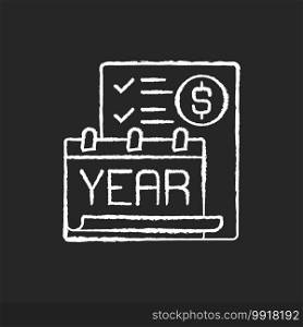 Year end closing procedure chalk white icon on black background. Reviewing all accounts to ensure they accurately reflect the activities for the fiscal year. Isolated vector chalkboard illustration. Year end closing procedure chalk white icon on black background