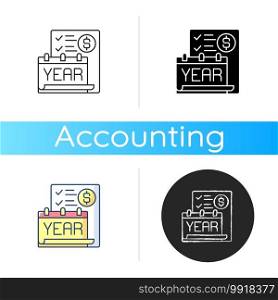 Year end closing procedure icon. Reviewing all accounts to ensure they accurately reflect the activities for the fiscal year. Linear black and RGB color styles. Isolated vector illustrations. Year end closing procedure icon