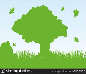 Year landscape tree and meadow. Landscape tree on glade amongst herbs and birds in sky