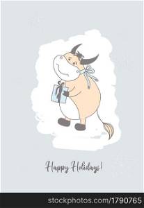 Year of the bull. Funny bulls characters. Cute ox in clothes. Symbol of 2021. Christmas card. Year of the bull. Funny bulls characters. Cute ox in clothes. Symbol of 2021. Christmas card.